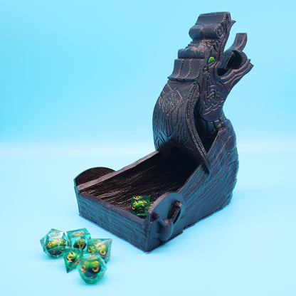 Viking Dragon Longship Dice Tower - 3D Printed, Hand Painted - Walnut